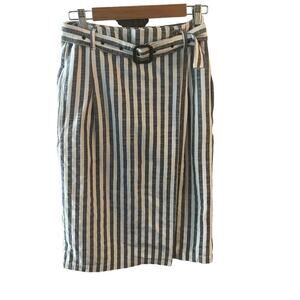 Anthropologie SZ 6 Blue and White Striped Belted Midi Wrap Pencil Skirt Coastal